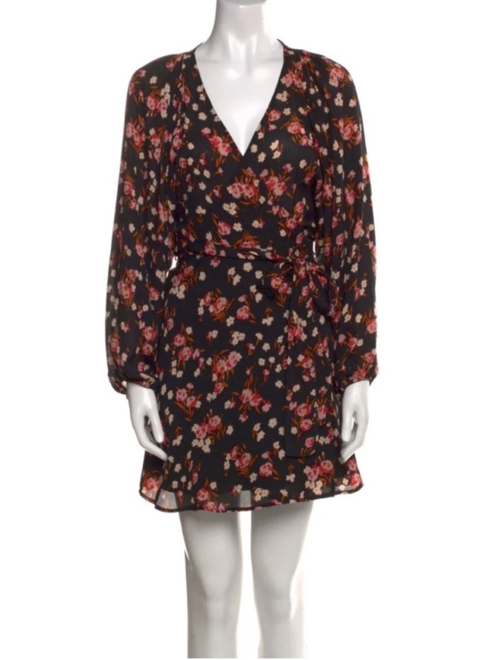 A.L.C Carlo Silk Wrap Dress Black Pink Floral Long Sleeve V-Neck Tie Waist Mini - Picture 3 of 8